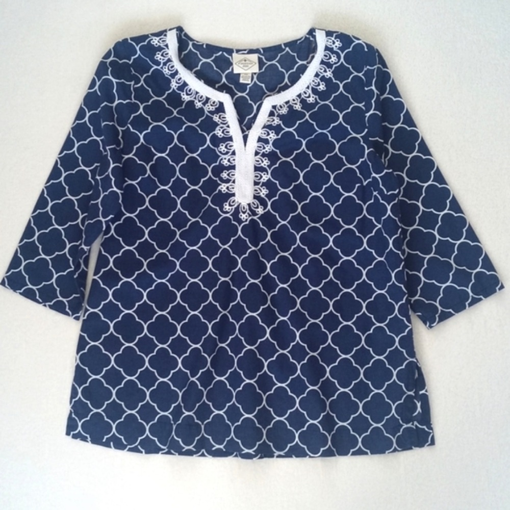St. John's Bay Navy Blue & White Regal Motif 3/4 Sleeve Cotton Blouse/ Top MP
